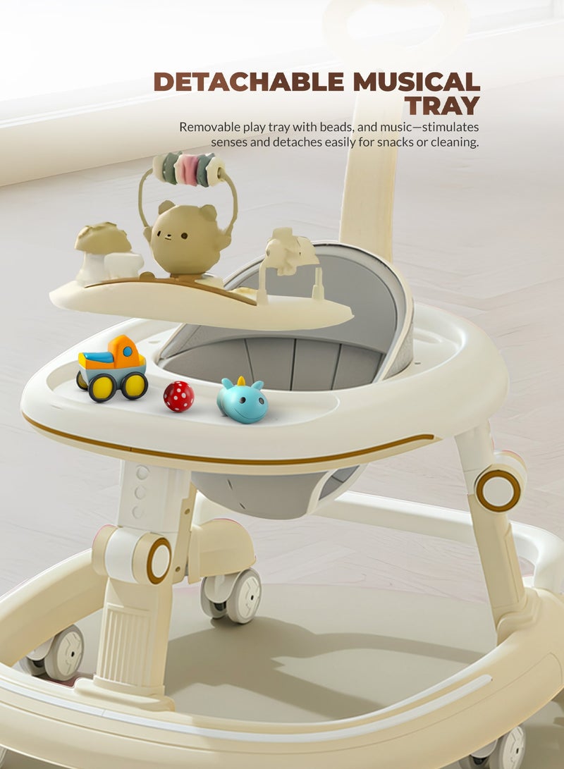 BAYBEE 2 in 1 Petalia Pro Baby Walker for Kids, Foldable Kids Walker with 5 Height Adjustable, Parental Push Handle & Musical Toy Bar | Kids Activity Walker for Toddlers | Push Walker for Baby Boy Girl 6 to 18 Months Beige - Image 5