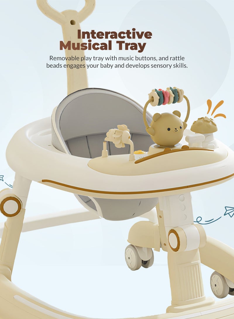 BAYBEE 2 in 1 Petalia Pro Baby Walker for Kids, Foldable Kids Walker with 5 Height Adjustable, Parental Push Handle & Musical Toy Bar | Kids Activity Walker for Toddlers | Push Walker for Baby Boy Girl 6 to 18 Months Beige - Image 4