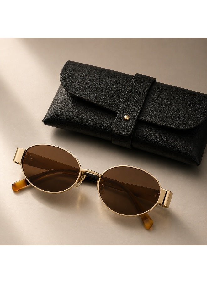 Retro Oval Sunglasses for Men and Women, Gold Metal Frame Black Brown UV400 Eyewear, Lightweight Vintage Fashion Sunglasses with Glasses  Case - Image 2