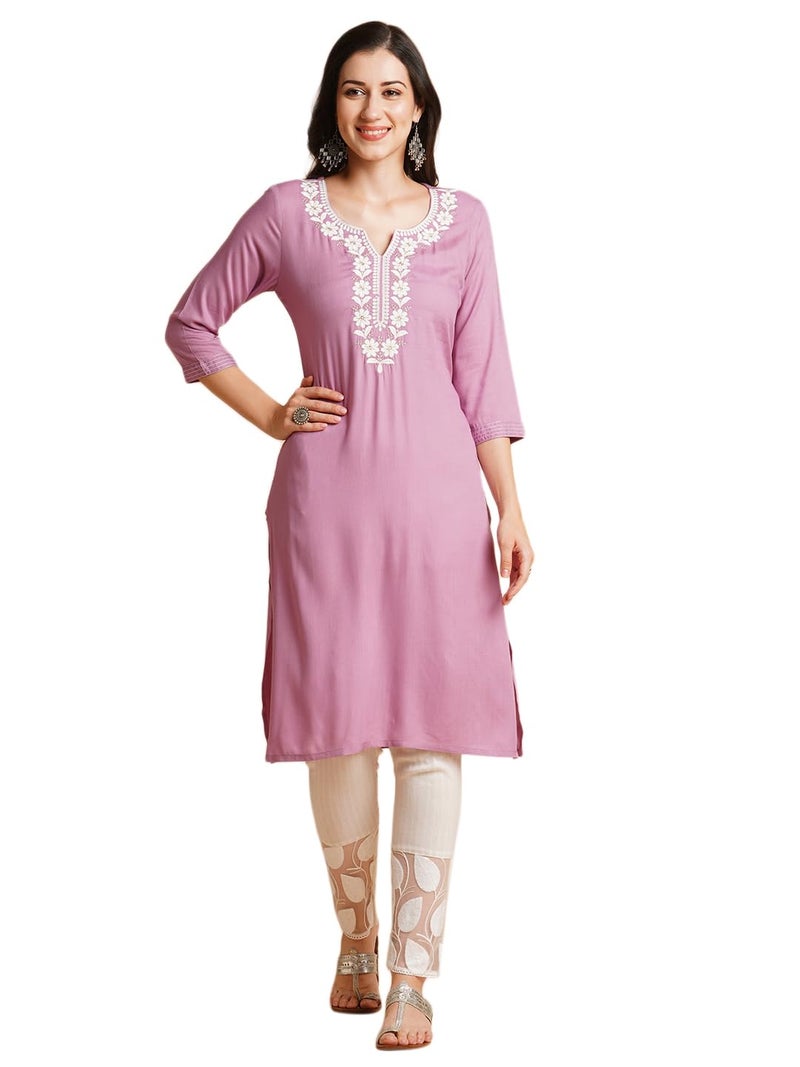 RATAN Women's Rayon Straight Fit Embroidered Ethnic Wear Kurta (FLK-1316-Large_Lavender) - Image 1