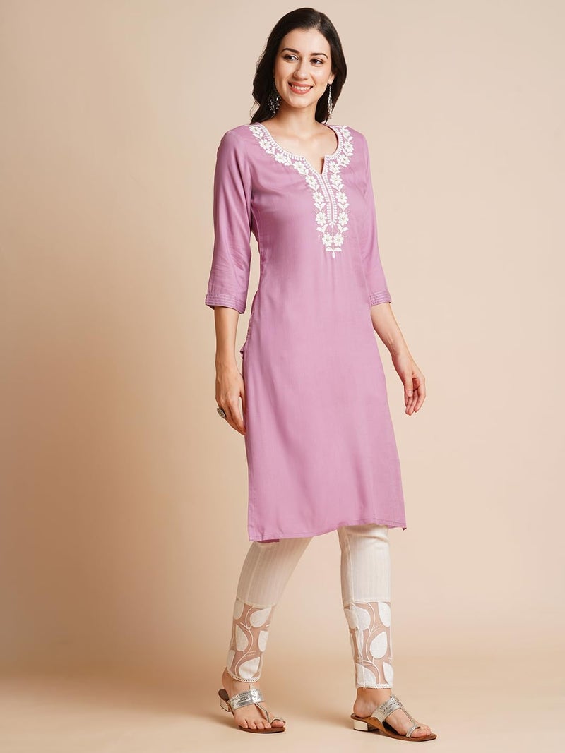 RATAN Women's Rayon Straight Fit Embroidered Ethnic Wear Kurta (FLK-1316-Large_Lavender) - Image 5