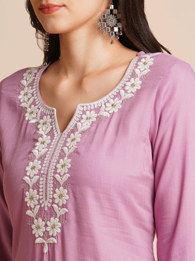 RATAN Women's Rayon Straight Fit Embroidered Ethnic Wear Kurta (FLK-1316-Large_Lavender) - Image 2