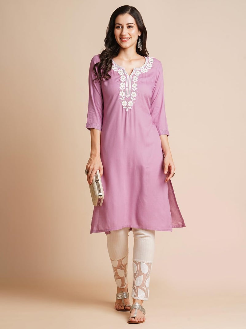 RATAN Women's Rayon Straight Fit Embroidered Ethnic Wear Kurta (FLK-1316-Large_Lavender) - Image 3