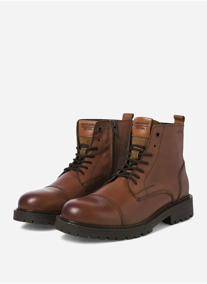 JACK & JONES Solid Lace and Zip Detail Leather Boots