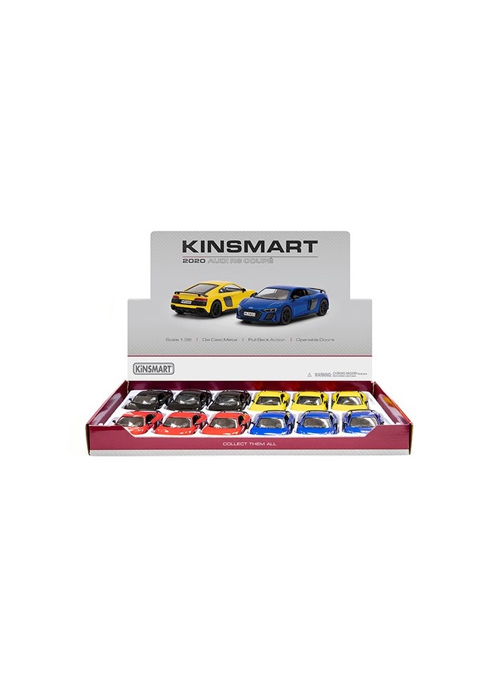 Kinsmart Pack of 12 Pcs 1:36 Scale 2021 Audi R8 Coupe Door Openable Pull Back Action Diecast Model Alloy Metal Toy Car-Assorted Colour 