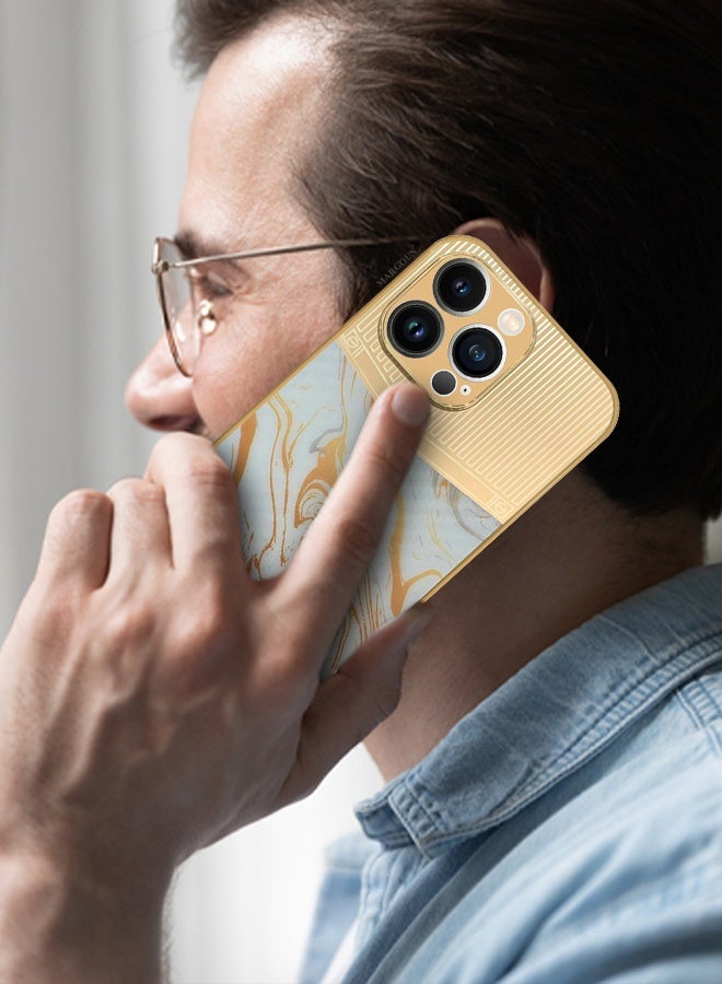 CATANES Luxury Gold Plated Case for iPhone 13 Pro Max - Hybrid Electroplated Frame Back Cover with Carbon Fiber Texture - Marble Pattern White - Image 4
