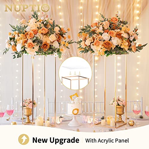 Nuptio Gold Vases for Centerpieces Wedding with Acrylic Panel 2 Pcs 315 inch Tall Metal Flower Vase Flowers Stand Elegant Bulk Weddings Decoration Table Geometric Centerpiece for Party Tables - Image 3