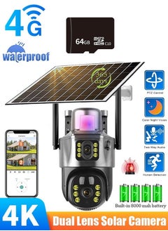 Generic 4K 8MP Solar Camera 4G Sim PTZ Cameras，Security Camera，CCTV Camera，Outdoor Dual Lens IP Camara Solar Panel CCTV Security Built in Battery PIR Cam， (With 64GB SD Card) ﻿  - Image 1