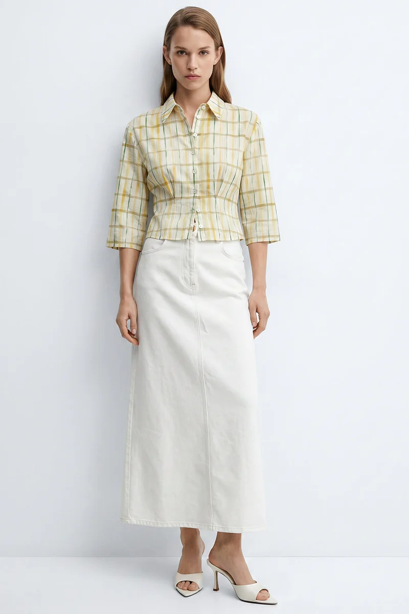 Exquise High-Waisted, Pocketed, Buttoned Regular Denim Midi White Skirt