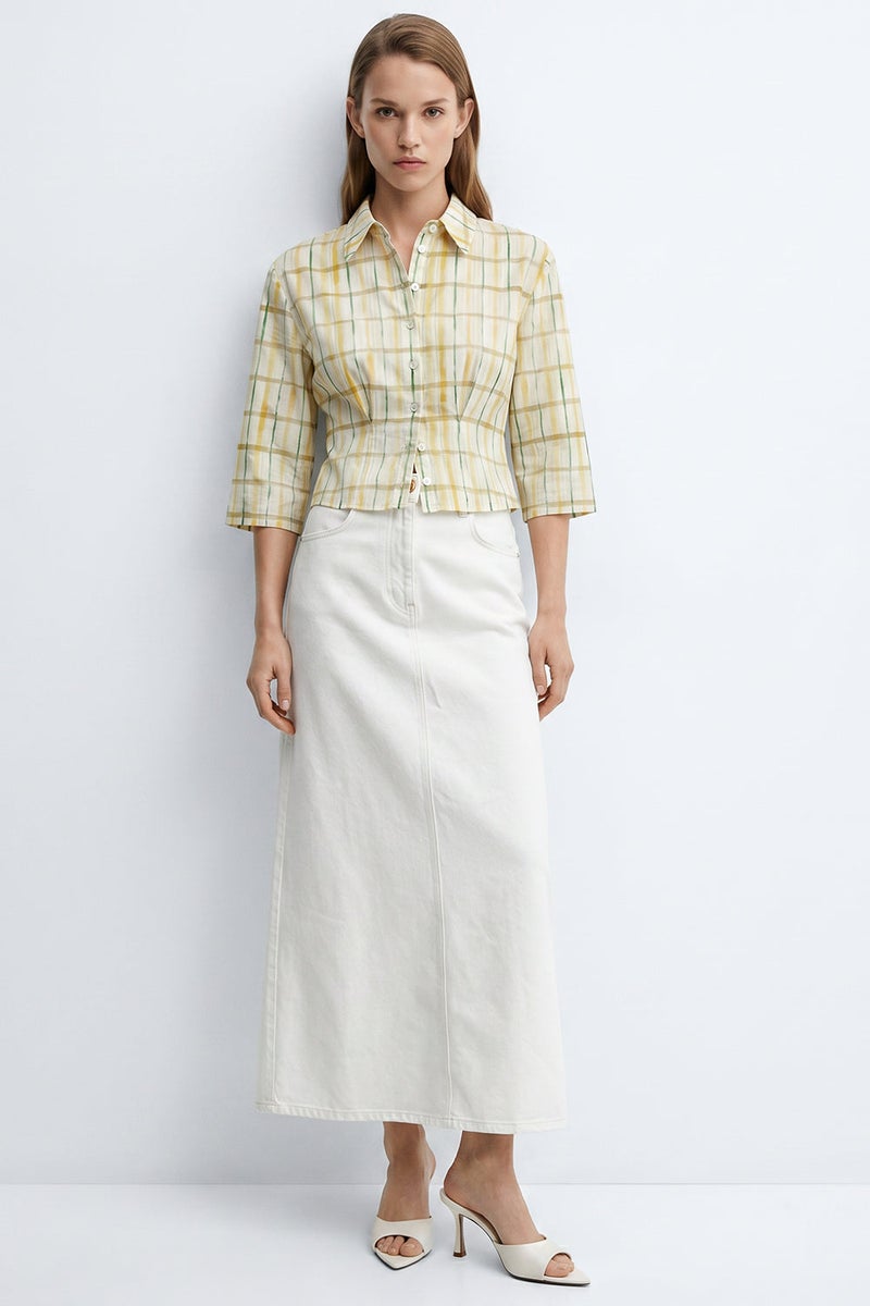 EXQUISE High-Waisted, Pocketed, Buttoned Regular Denim Midi White Skirt - Image 1
