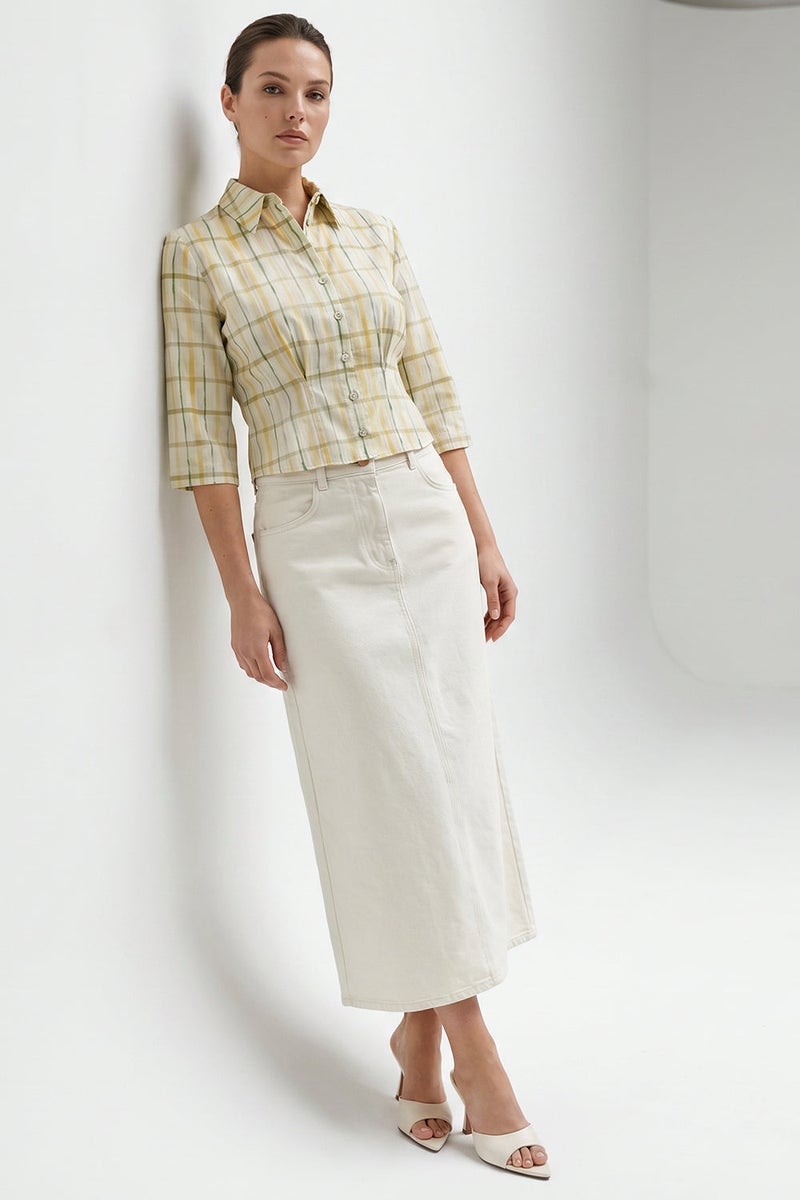 EXQUISE High-Waisted, Pocketed, Buttoned Regular Denim Midi White Skirt - Image 5