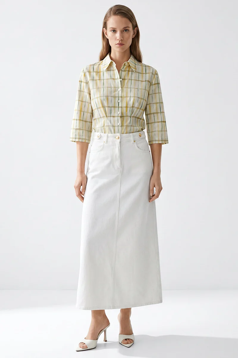 Exquise High-Waisted, Pocketed, Buttoned Regular Denim Midi White Skirt