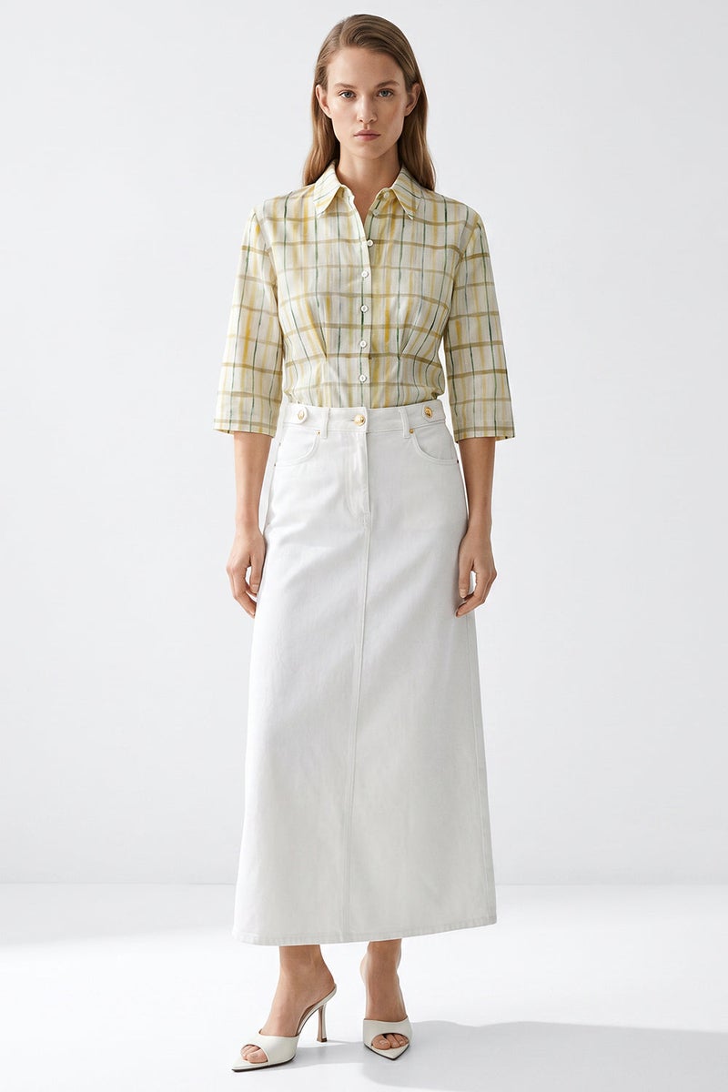 EXQUISE High-Waisted, Pocketed, Buttoned Regular Denim Midi White Skirt - Image 2