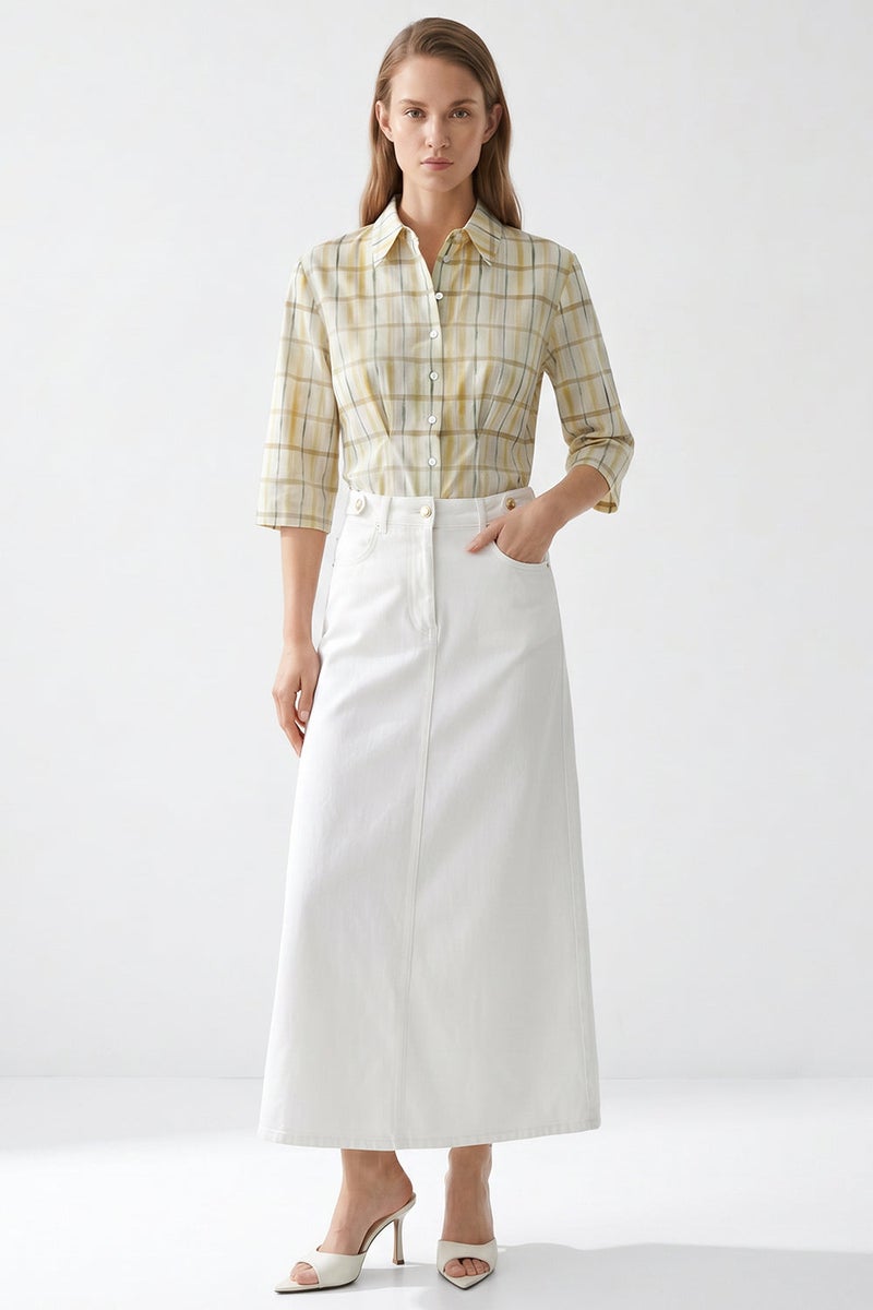 EXQUISE High-Waisted, Pocketed, Buttoned Regular Denim Midi White Skirt - Image 3