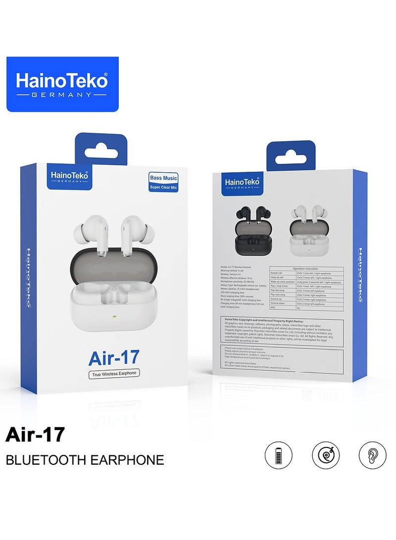 Haino Teko Air-17 True Wireless Earphone Bass Music and Super Clear Mic Designed for iPhone and iPads White - Image 3