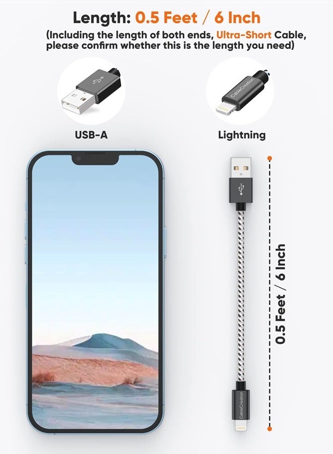 CableCreation كابل شاحن آيفون قصير بطول 0.5 قدم، [معتمد من MFi] كابل بيانات Lightning إلى USB، متوافق مع آيفون 14/14 برو، AirPods برو، آيفون 13/13 برو/12، آيباد برو، آير، 0.15م أسود وأبيض - Image 2