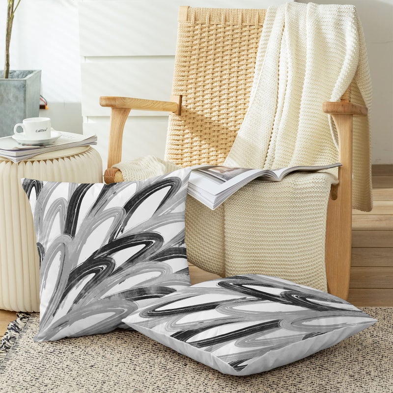 CaliTime Throw Pillow Cases Pack of 2 Cozy Fleece Two-tone Abstract Feather Decorative Cushion Covers for Couch Bed Sofa Farmhouse Decoration 16 X 16 Inches Black Grey - Image 3
