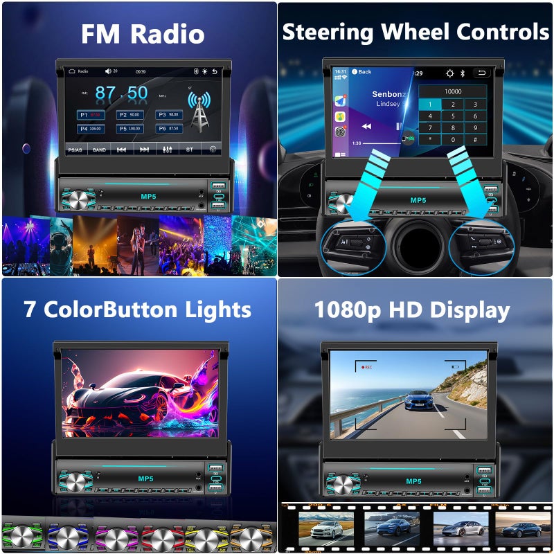 GHIOPMZ Single DIN Touchscreen Radio, Flip Up Screen Car Stereo with Bluetooth, Flip Out Single DIN Radio Supports MirrorLink, FM Radio, EQ, 1080P, USB, Aux-in HD Backup Camera & SWC for Car Audio Upgrade - Image 5