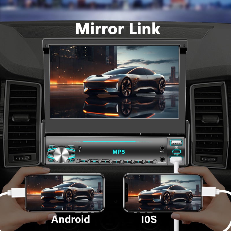 GHIOPMZ Single DIN Touchscreen Radio, Flip Up Screen Car Stereo with Bluetooth, Flip Out Single DIN Radio Supports MirrorLink, FM Radio, EQ, 1080P, USB, Aux-in HD Backup Camera & SWC for Car Audio Upgrade - Image 2