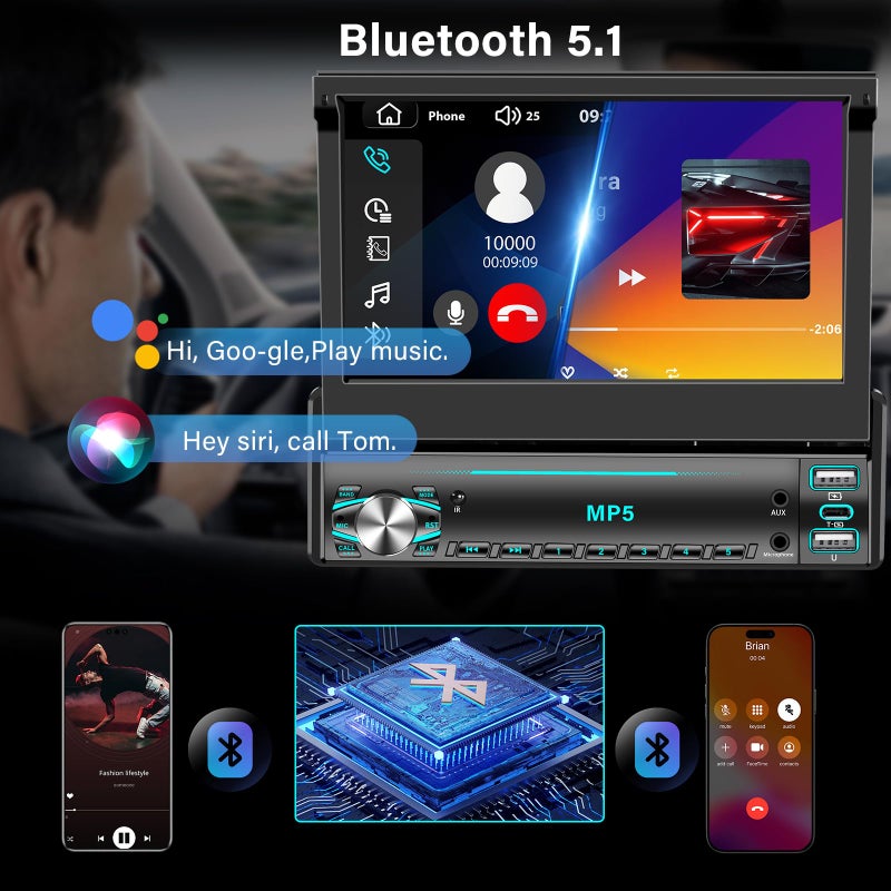 GHIOPMZ Single DIN Touchscreen Radio, Flip Up Screen Car Stereo with Bluetooth, Flip Out Single DIN Radio Supports MirrorLink, FM Radio, EQ, 1080P, USB, Aux-in HD Backup Camera & SWC for Car Audio Upgrade - Image 4