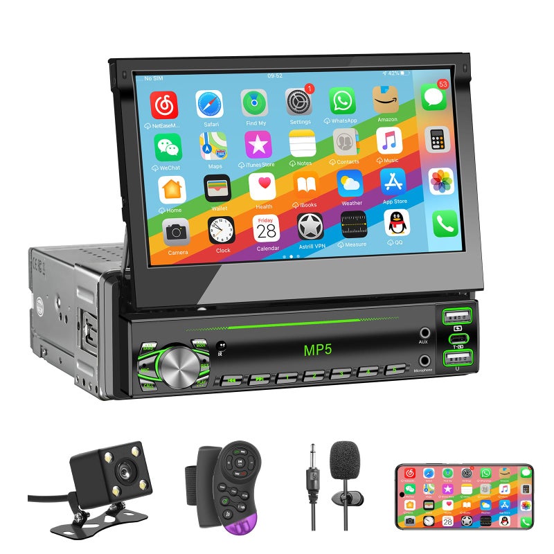 GHIOPMZ Single DIN Touchscreen Radio, Flip Up Screen Car Stereo with Bluetooth, Flip Out Single DIN Radio Supports MirrorLink, FM Radio, EQ, 1080P, USB, Aux-in HD Backup Camera & SWC for Car Audio Upgrade - Image 1