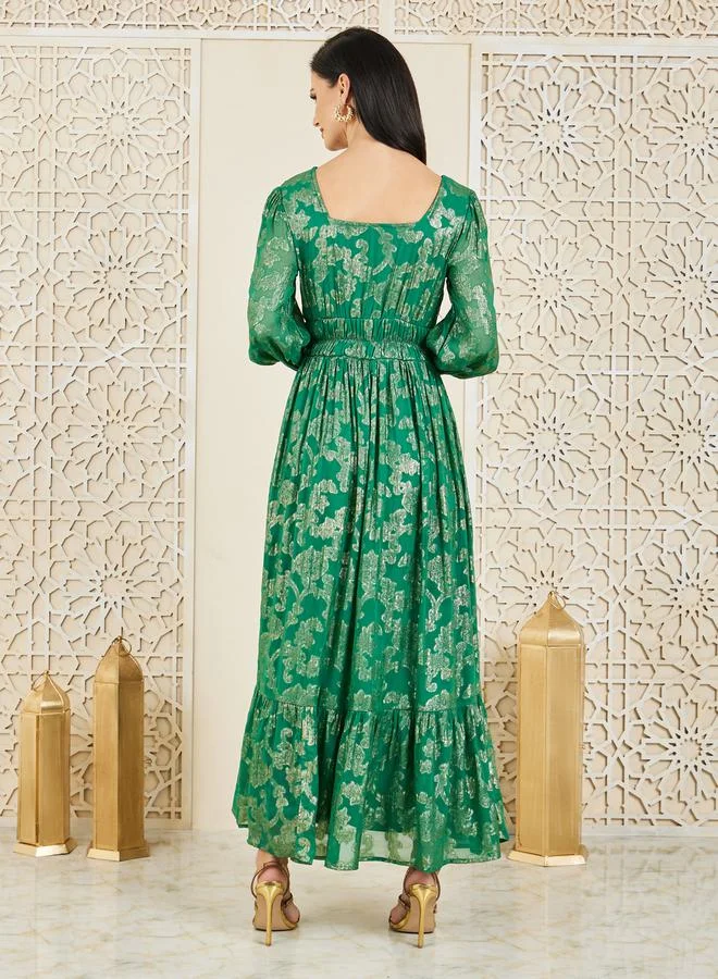 ستايلي Foil Print Gathered Detail A-Line Maxi Dress