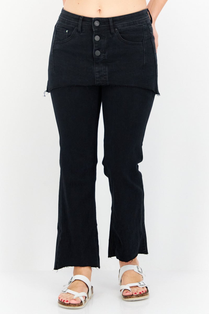 ONLY Women Flare Fit Button Fly Stretchable Skirt Detail Jeans, Black - Image 1