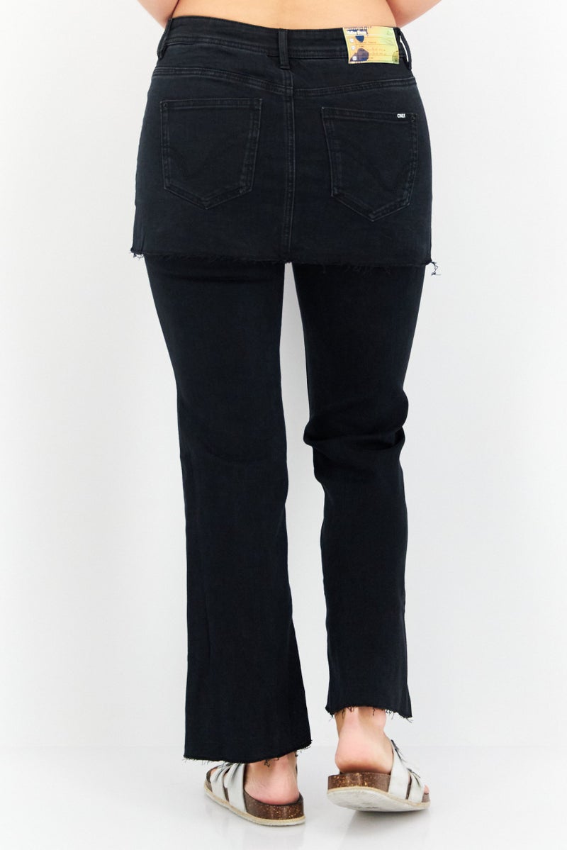 ONLY Women Flare Fit Button Fly Stretchable Skirt Detail Jeans, Black - Image 2