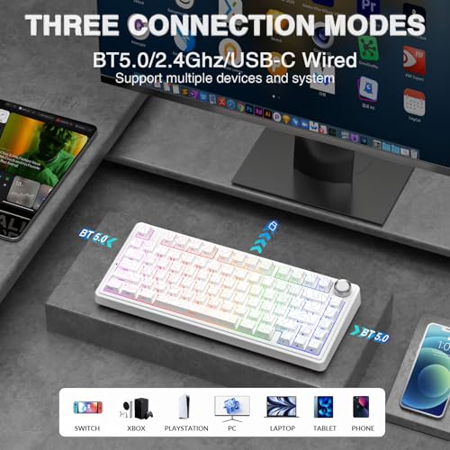 AULA F75 Pro Wireless Mechanical Keyboard with Knob,75% Hot Swappable Custom Gaming Keyboards,RGB Backlit,Pre-lubed Switches,Side Printed PBT Keycaps Creamy Sounding Computer Keyboard, Line White - Image 3