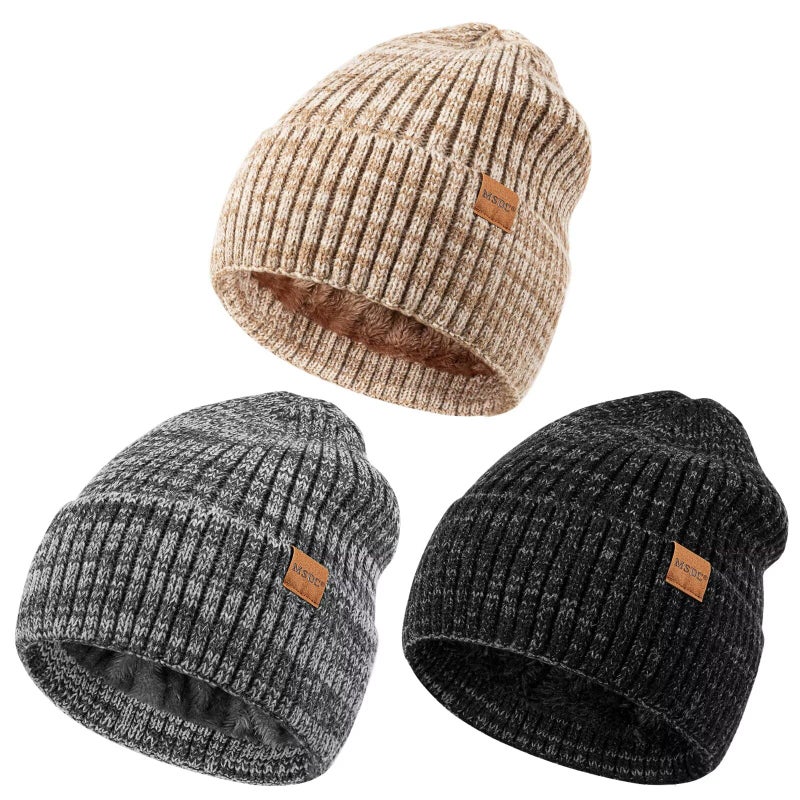 MSDC 3 Pack Winter Hats for Men, Warm Fleece Lined Beanie for Men Women, Soft Thermal Cable Knit Hat Fashionable Cuffed Skull Cap for Cold Weather-01 - Image 1