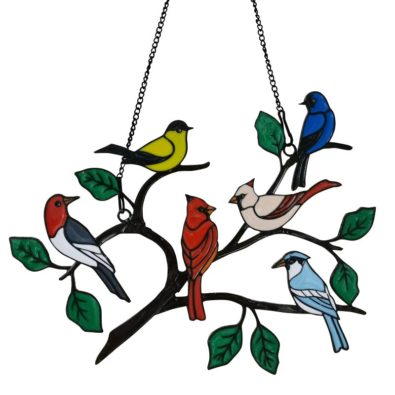 Zuajiter Six Birds Cardinal Gifts Stained Metal Window Hangings Multicolor Bird On A Wire Window Panel Decor Series Ornament Home Wall Garden Decoration Love Gifts 