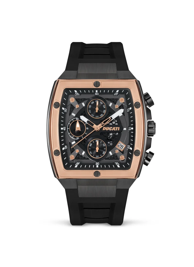 Ducati Ducati DT008 Gents Chronograph Watch – Black Dial, Bold Rose Gold Accents, Screw-Detail Case, 40mm Silicone Strap, Water Resistant 50M, Multi-Layered Design