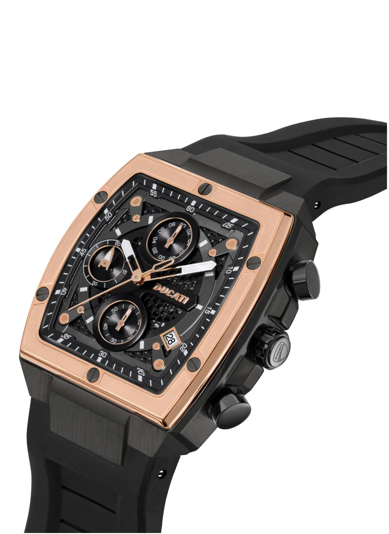 Ducati Ducati DT008 Gents Chronograph Watch – Black Dial, Bold Rose Gold Accents, Screw-Detail Case, 40mm Silicone Strap, Water Resistant 50M, Multi-Layered Design