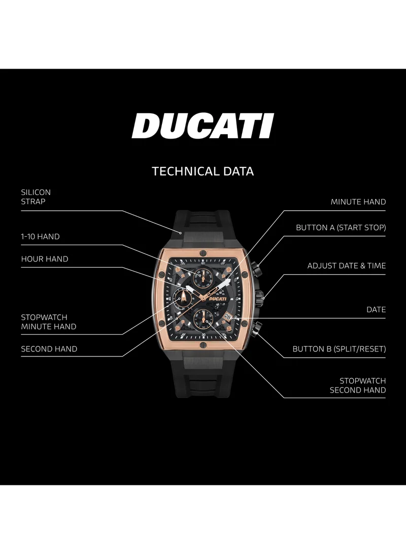 Ducati Ducati DT008 Gents Chronograph Watch – Black Dial, Bold Rose Gold Accents, Screw-Detail Case, 40mm Silicone Strap, Water Resistant 50M, Multi-Layered Design