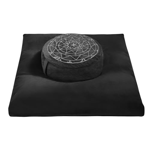 ellier Zafu & Zabuton Meditation Cushion Set - Buckwheat Hull & Memory Foam Pillows, Ergonomic Support for Yoga, Mindfulness - Organic Velvet Cover, Large Size, Durable Comfort (Black) - Image 1