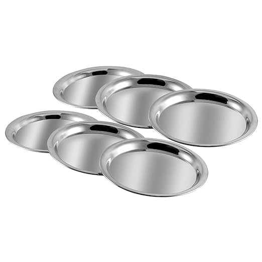 Shopsidex Stainless Steel Round Plate Set of 6 20cm Dia Classic Design Thali Set Mirror Finish Food Grade Steel Serving Plate for Dinner 20 CM - Image 2