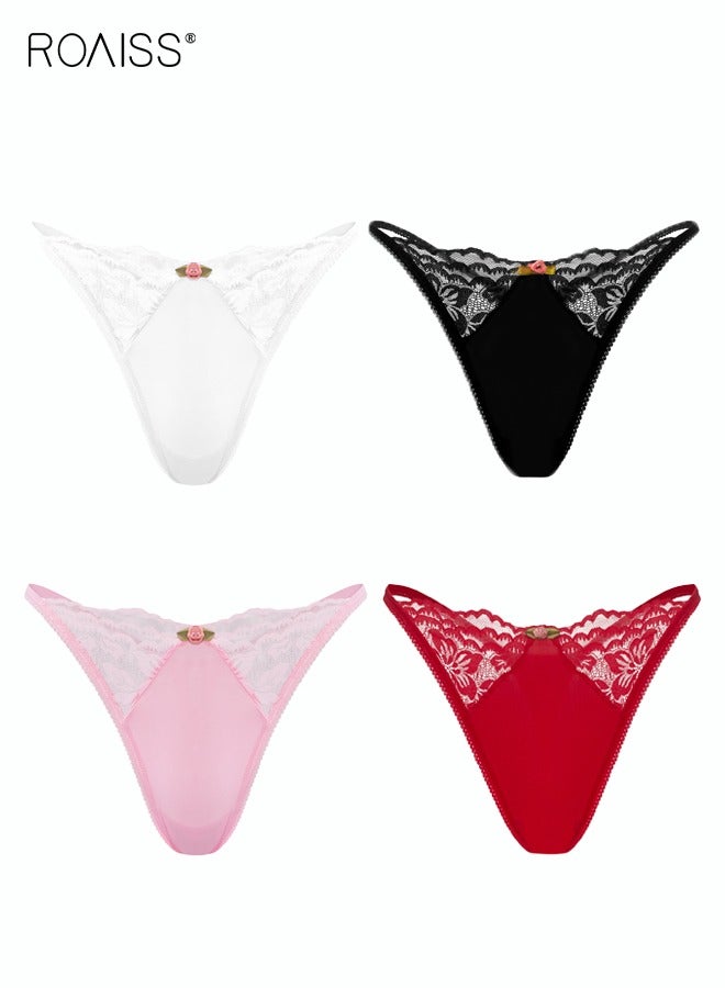 roaiss 4-Piece Women's Thong Set Lace Cotton Patchwork Underwear High Stretch Combination Underwear - Image 1