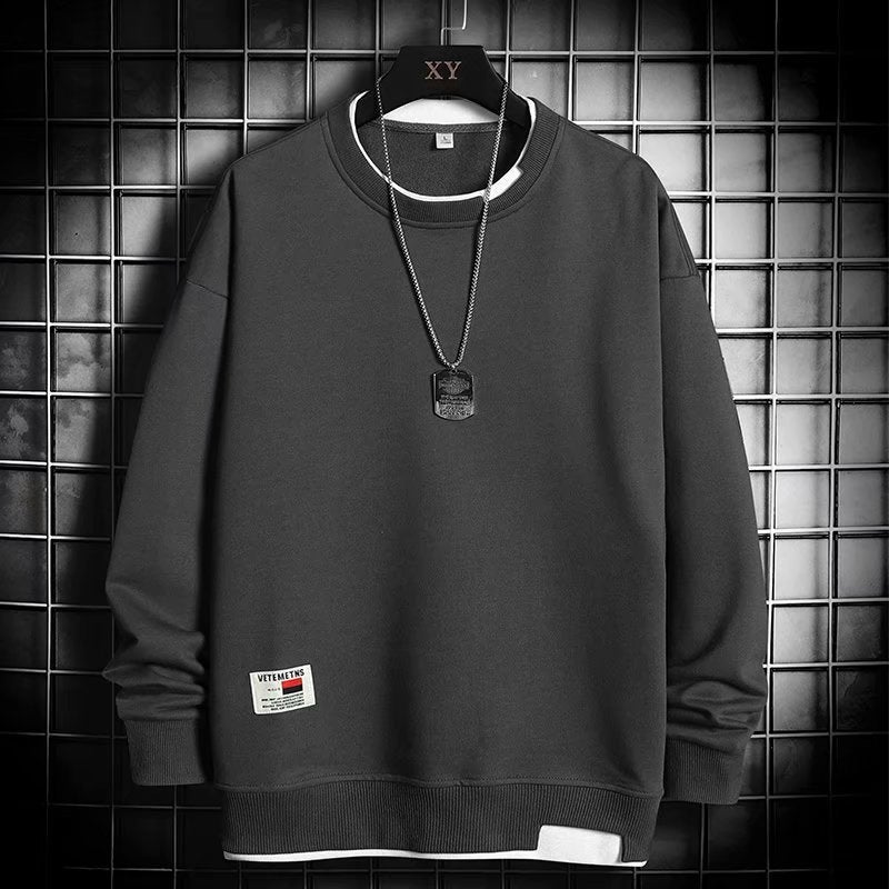 Mens New Faux-Layered Trendy Hoodie Autumn and Winter Loose Casual Velvet Sweatshirt Dark gray - Image 1