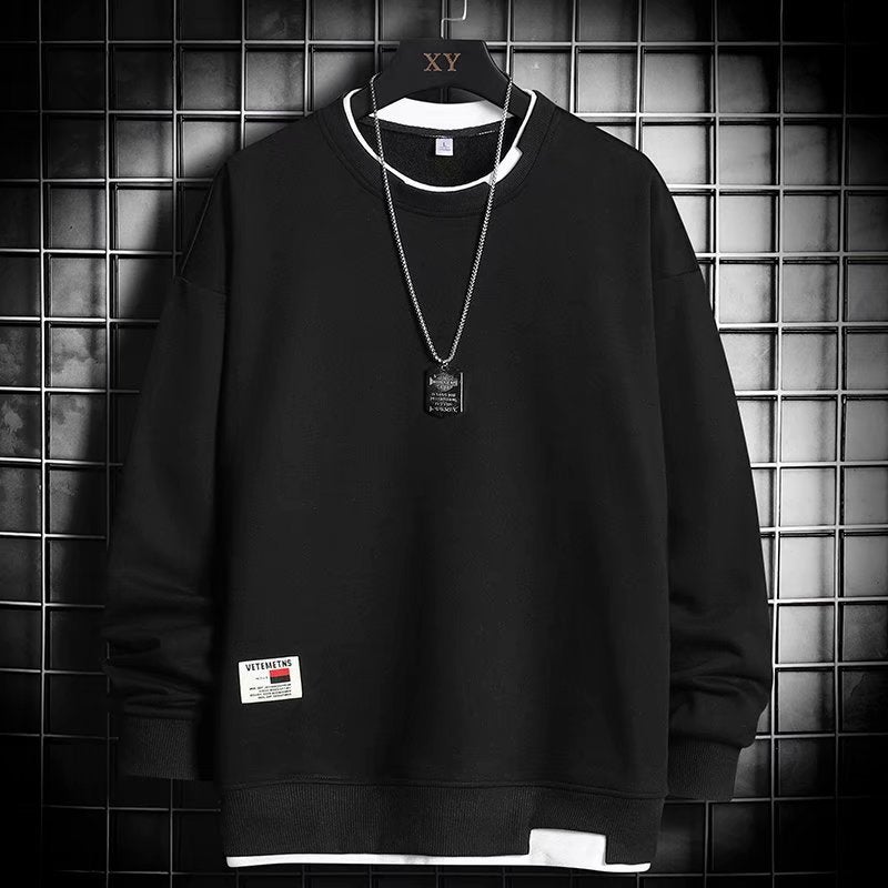 Mens New Faux-Layered Trendy Hoodie Autumn and Winter Loose Casual Velvet Sweatshirt Dark gray - Image 3