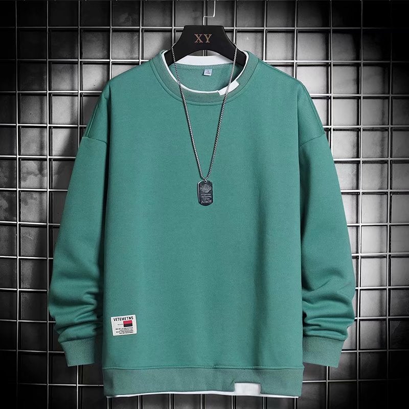Mens New Faux-Layered Trendy Hoodie Autumn and Winter Loose Casual Velvet Sweatshirt Dark gray - Image 2