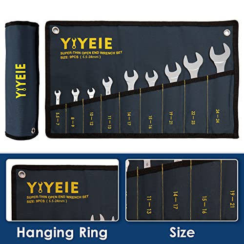 YIYEIE مجموعة مفاتيح ربط مفتوحة فائق النحافة 9 قطع YIYEIE، مقاييس 5.5، 7، 8، 9، 10، 11، 12، 13، 14، 15، 16، 17، 19، 21، 22، 23، 24، 27 مم، فولاذ CR-V، مجموعة مفاتيح مسطحة فائقة النحافة مع حقيبة قابلة للطي - Image 5