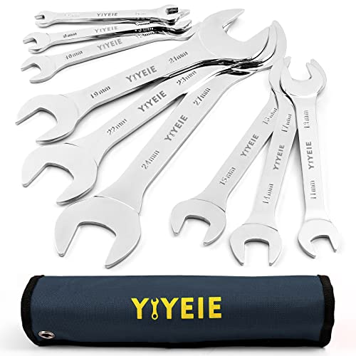 YIYEIE مجموعة مفاتيح ربط مفتوحة فائق النحافة 9 قطع YIYEIE، مقاييس 5.5، 7، 8، 9، 10، 11، 12، 13، 14، 15، 16، 17، 19، 21، 22، 23، 24، 27 مم، فولاذ CR-V، مجموعة مفاتيح مسطحة فائقة النحافة مع حقيبة قابلة للطي - Image 1