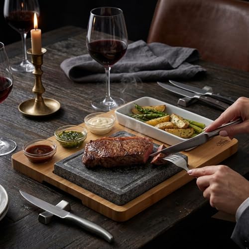 Artestia Hot Stone Steak Cooking Set – 2 Natural Granite Grill Stones + 1 Bamboo Tray +1 Salad Plate & 3 Sauce Bowls – Indoor/Outdoor BBQ Sizzling Steak & Seafood Grilling Gift - Image 2