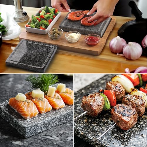 Artestia Hot Stone Steak Cooking Set – 2 Natural Granite Grill Stones + 1 Bamboo Tray +1 Salad Plate & 3 Sauce Bowls – Indoor/Outdoor BBQ Sizzling Steak & Seafood Grilling Gift - Image 3