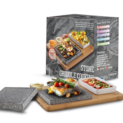 Artestia Hot Stone Steak Cooking Set – 2 Natural Granite Grill Stones + 1 Bamboo Tray +1 Salad Plate & 3 Sauce Bowls – Indoor/Outdoor BBQ Sizzling Steak & Seafood Grilling Gift - Image 1