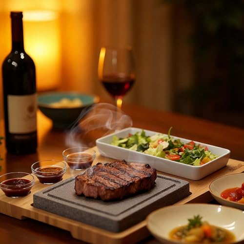 Artestia Hot Stone Steak Cooking Set – 2 Natural Granite Grill Stones + 1 Bamboo Tray +1 Salad Plate & 3 Sauce Bowls – Indoor/Outdoor BBQ Sizzling Steak & Seafood Grilling Gift - Image 5