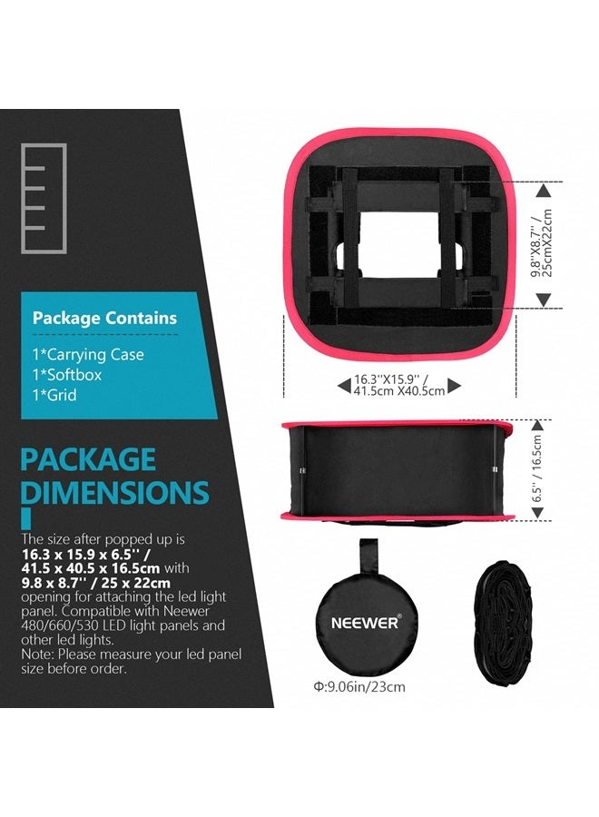 Neewer Collapsible Softbox with Strap Attachment, Grid and Carrying Bag Compatible with Neewer 480/660/530 LED Light Panels, 9.8x8.7 inches Opening (Black+Red) - Image 2
