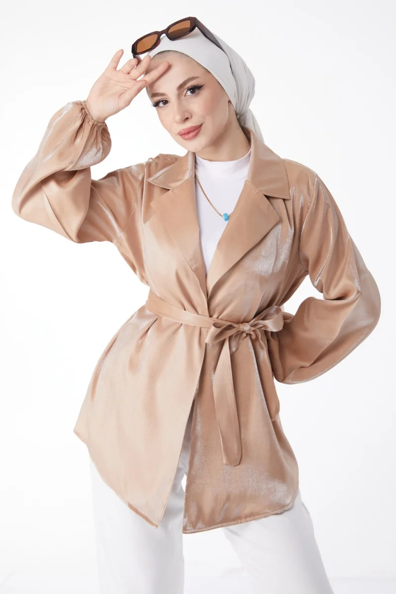 Tofisa Plain Jacket Collar Women's Mink Shiny Detailed Belted Jacket - 24752