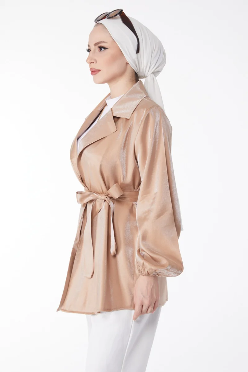 Tofisa Plain Jacket Collar Women's Mink Shiny Detailed Belted Jacket - 24752