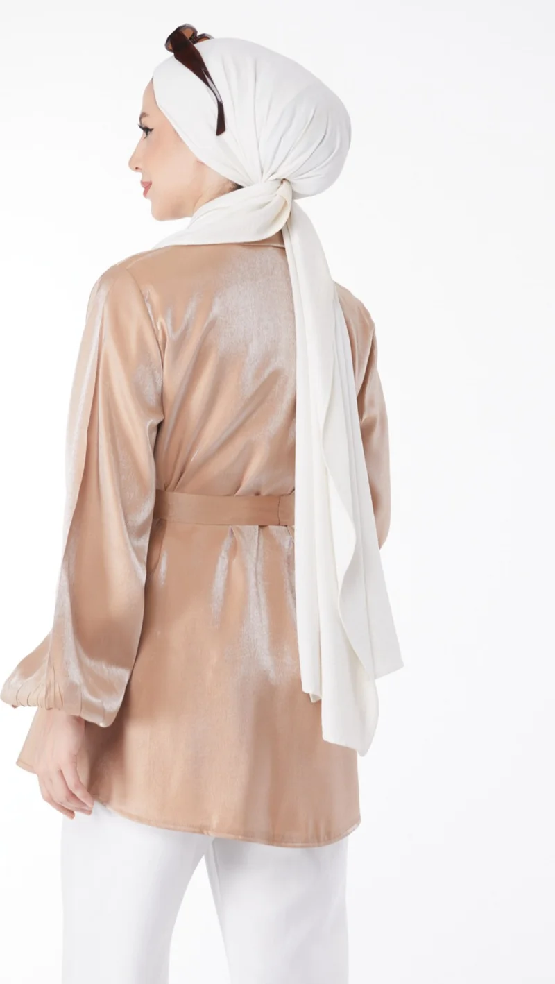 Tofisa Plain Jacket Collar Women's Mink Shiny Detailed Belted Jacket - 24752